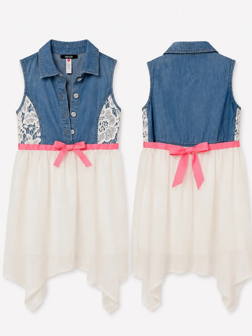Kensie Denim Top Ivory Skirt Dress with Pink Ribbon
